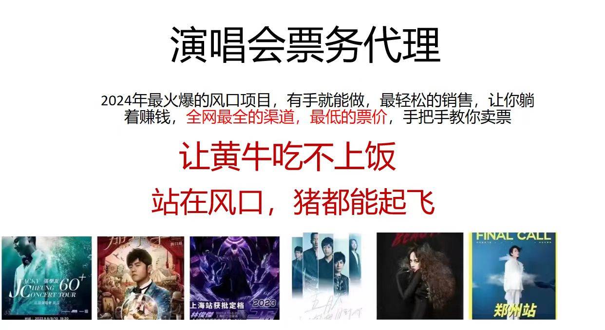 演唱会票务代理，2024年最火爆风口项目，全网最低的票价，小白一分钟上…-易创网