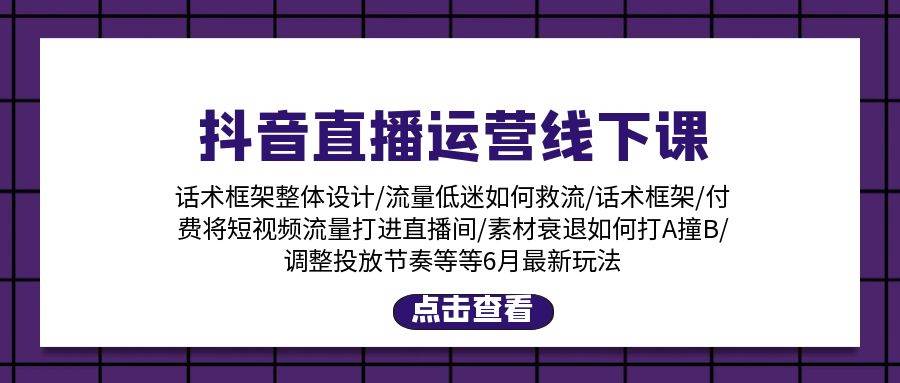 抖音直播运营线下课：话术框架/付费流量直播间/素材A撞B/等6月新玩法-易创网