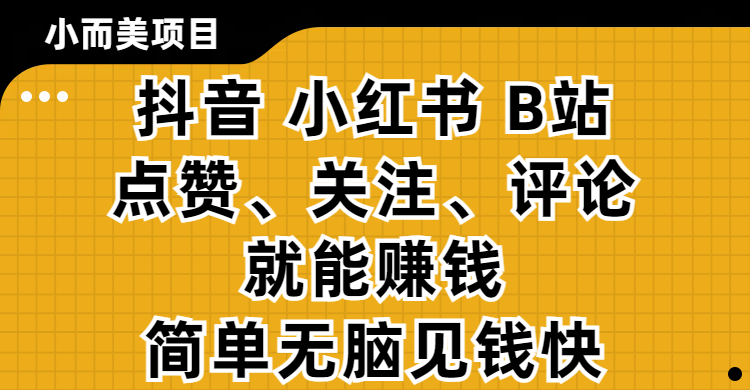 小而美的项目，抖音、小红书、B站视频点赞、关注、评论就能赚钱，简单无脑立见收益！妥妥的零撸项目倾城领域-倾城领域