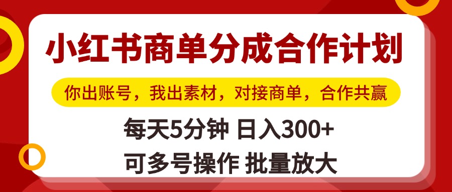 小红书商单分成合作计划，你出账号，我出素材，对接商单，合作共赢，单号日入300+，可批量放大倾城领域-倾城领域