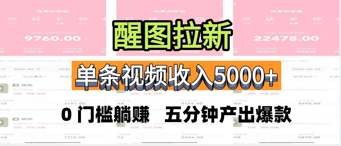 醒图拉新，0 门槛躺赚，五分钟产出爆款，单条视频收入5000+-无痕资源