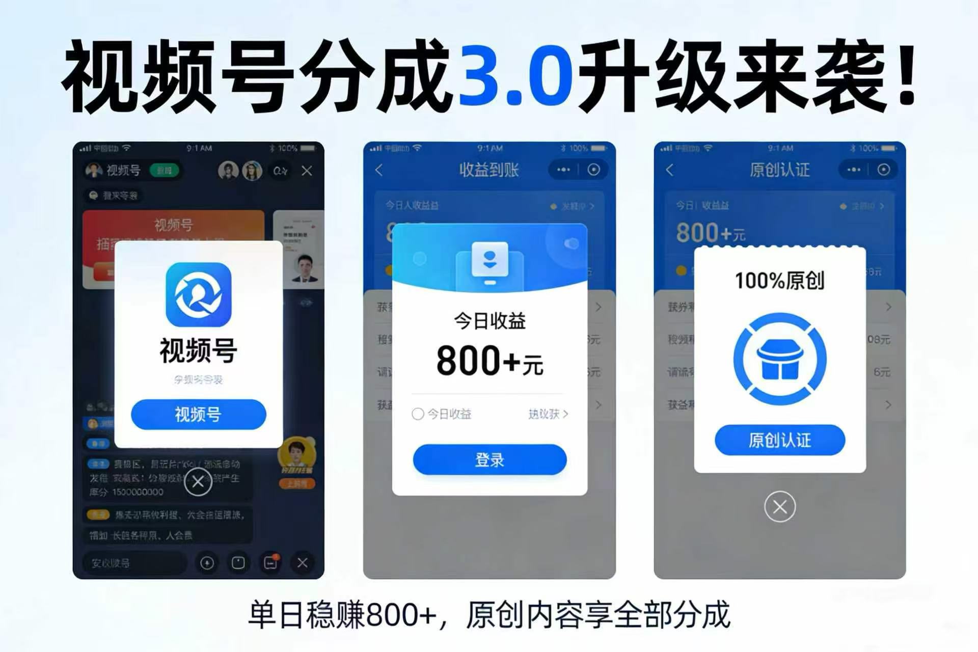 升级来袭！视频号分成 3.0，100% 原创单日稳赚 800+-易创网