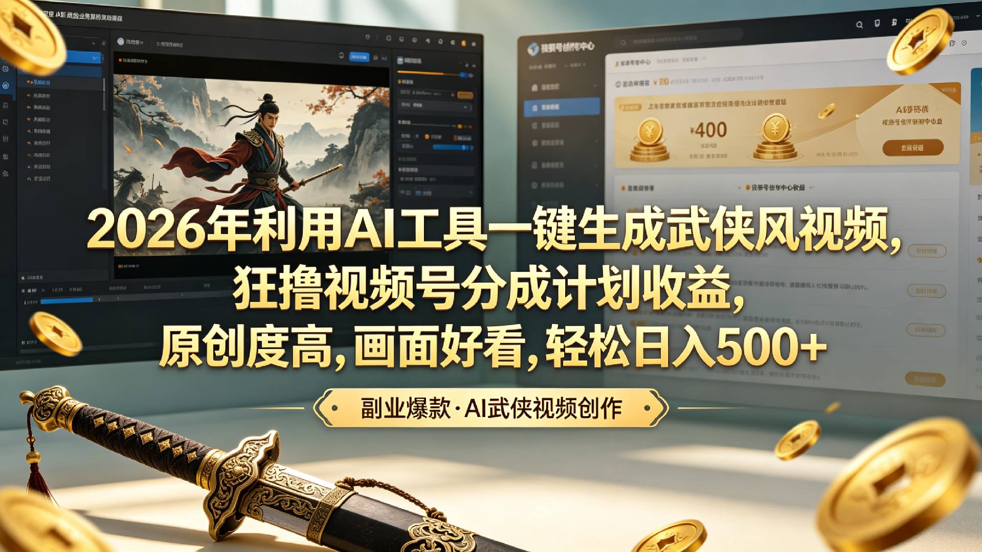 2026年利用AI工具一键生成武侠风视频,狂撸视频号分成计划收益,原创度高,画面好看,轻松日入500+-易创网