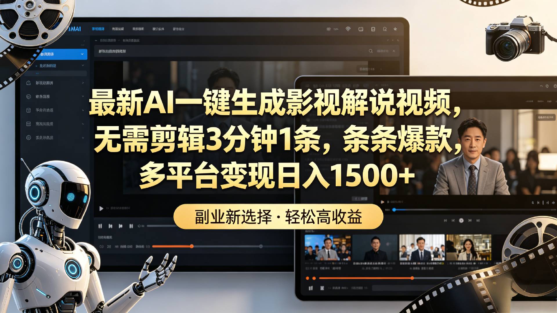 最新AI一键生成影视解说视频，无需剪辑3分钟1条，条条爆款，多平台变现日入1500+-易创网