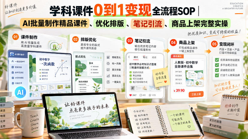 学科课件0到1变现全流程SOP｜AI批量制作精品课件、优化排版、笔记引流、商品上架完整实操​-易创网